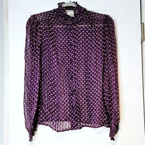 Vintage The Silk Farm Purple Printed Silk Blouse 70s 80s Ruffle Neck